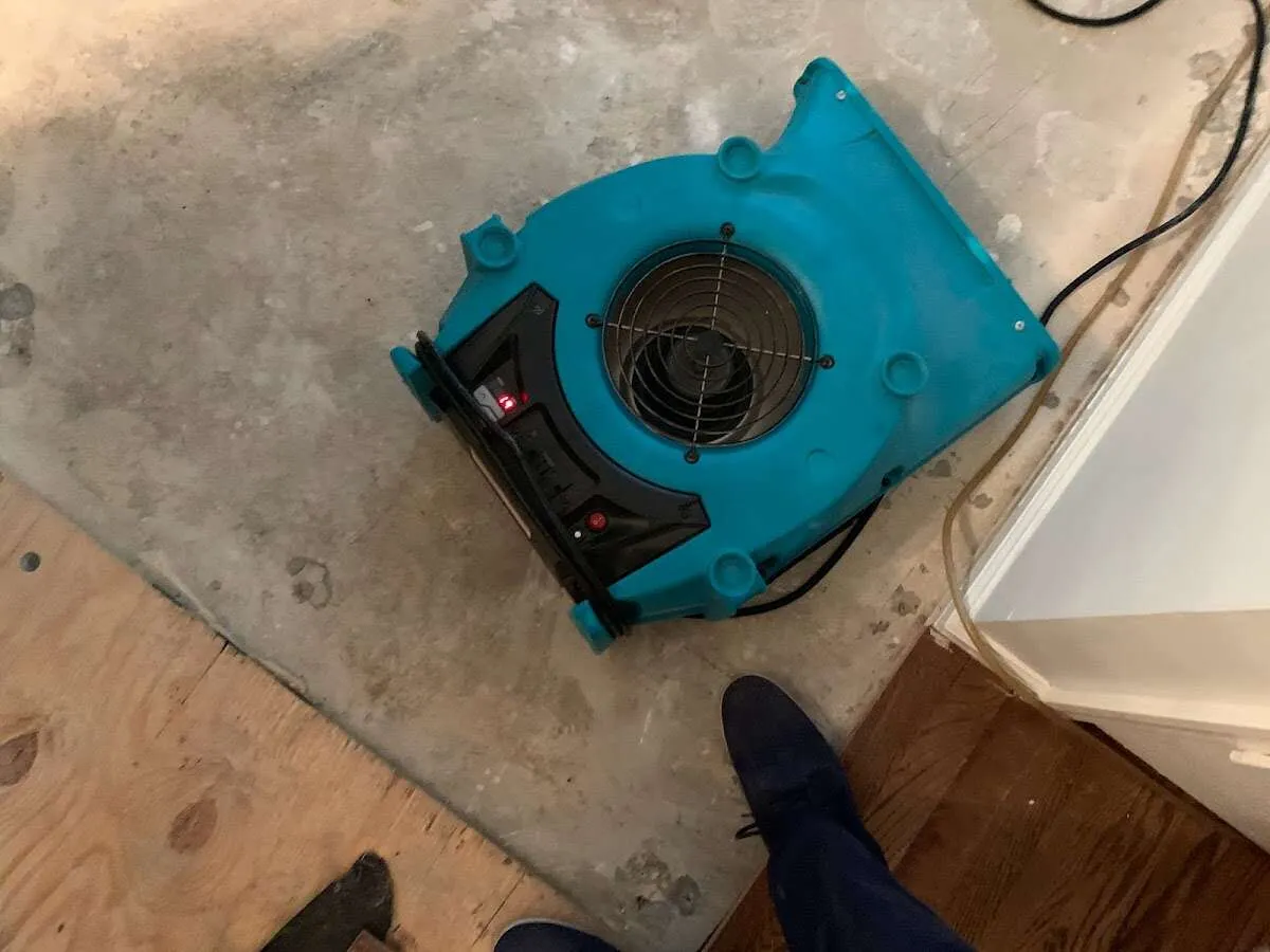Air mover drying subfloor during Leak Detection & Repair in Billerica